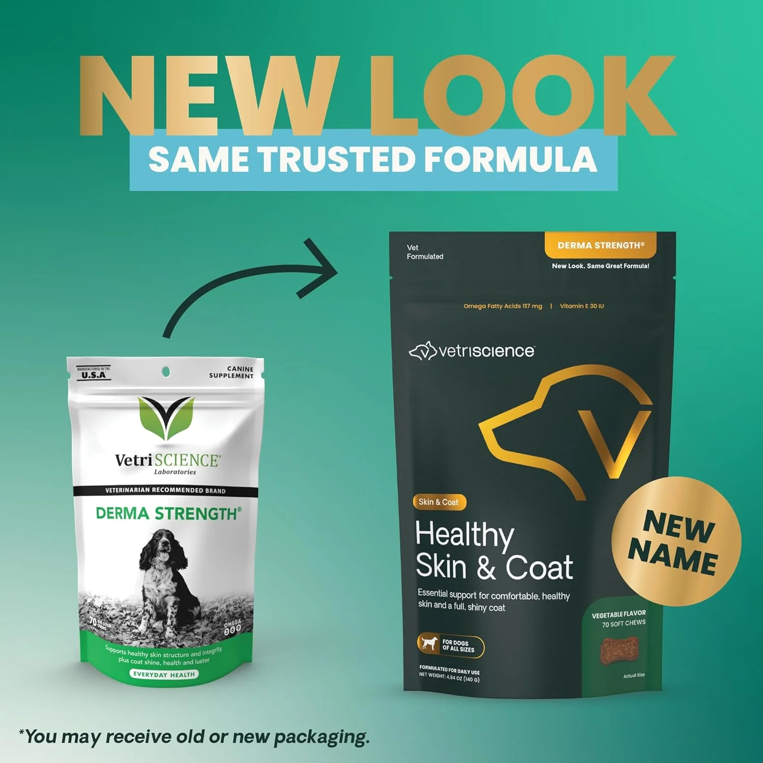 قرص های جویدنی تقویت پوست و موی سگ VetriScience Derma Strength حاوی امگا 3، 6 و 9، 70 عدد - می تواند ریزش مو را کاهش داده و از سلامت پوست حمایت کند