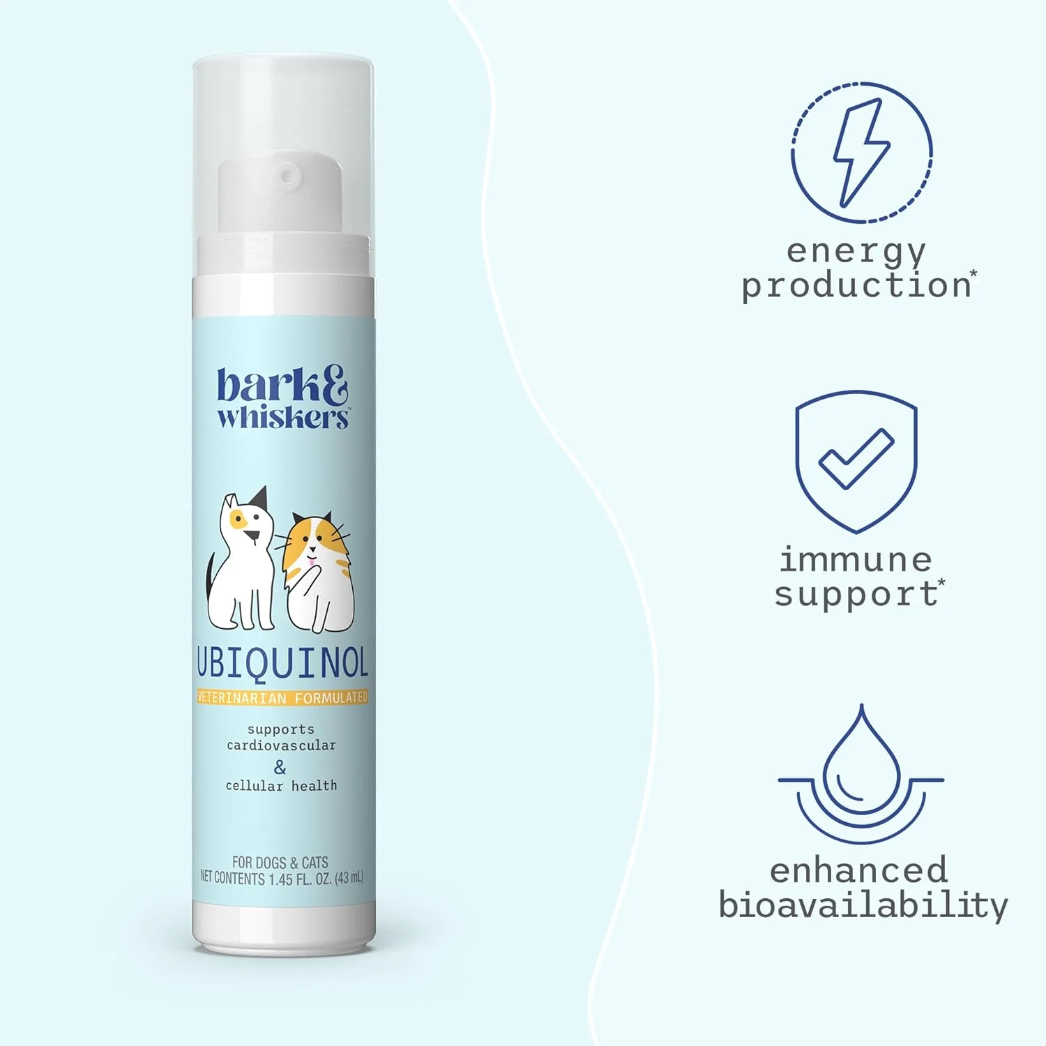 مایع یوبی‌کینول پمپی Bark & Whiskers برای سگ و گربه، 43 میلی‌لیتر، پشتیبانی از عملکرد سالم سیستم ایمنی، فرموله شده توسط دامپزشک، غیر تراریخته، دکتر مرکولا