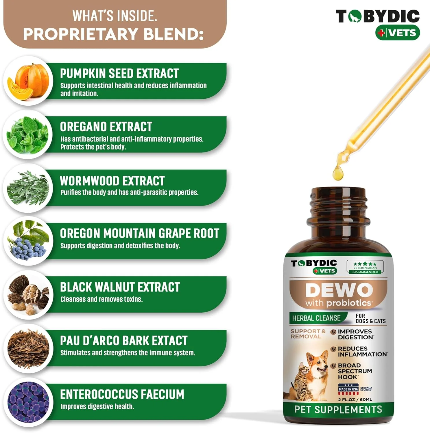 توبیدیک، پاک کننده گیاهی طیف گسترده روده به همراه پروبیوتیک برای گربه ها و سگ ها - پشتیبانی طبیعی برای کمک به دفع سموم - قطره مکمل - ساخت آمریکا