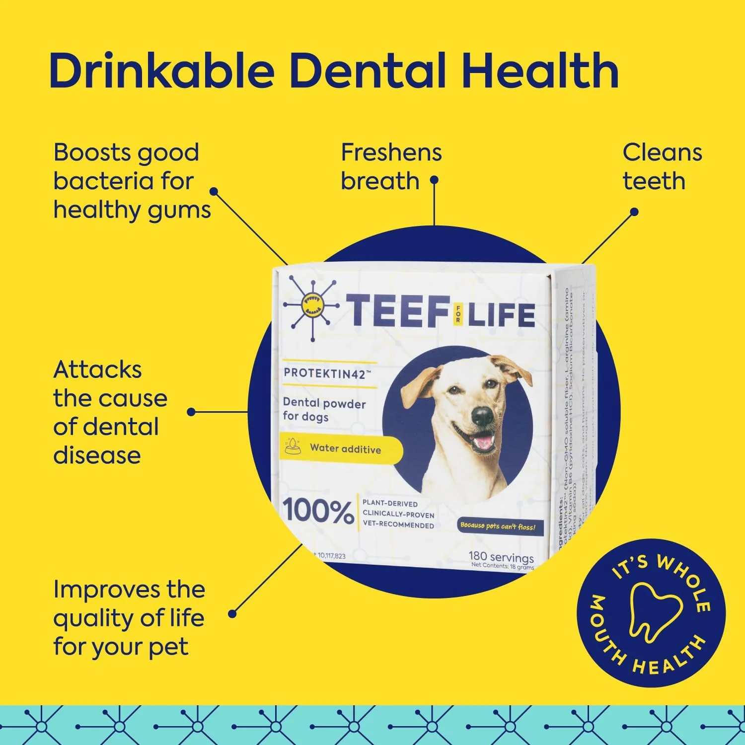بسته های پرکننده TEEF FOR LIFE پودر دندان پری بیوتیک Protektin42 برای سگ ها، مشتق شده از گیاهان، فرمول اثبات شده بالینی به طور طبیعی با بوی بد دهان، پلاک و جرم مبارزه می کند، 1 بسته با 30 وعده