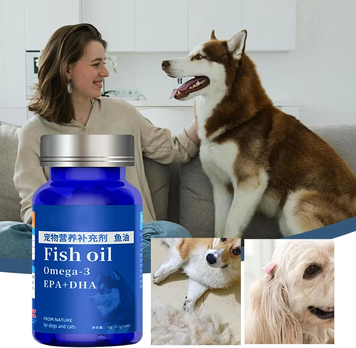 روغن ماهی سگ، روغن ماهی برای سگ ها و گربه ها، مکمل غذایی تقویت کننده غذای حیوانات خانگی برای حمایت از مفاصل خشک، کاهش خارش و ریزش، جلوگیری از ریزش مو، سلامت پنجه ها