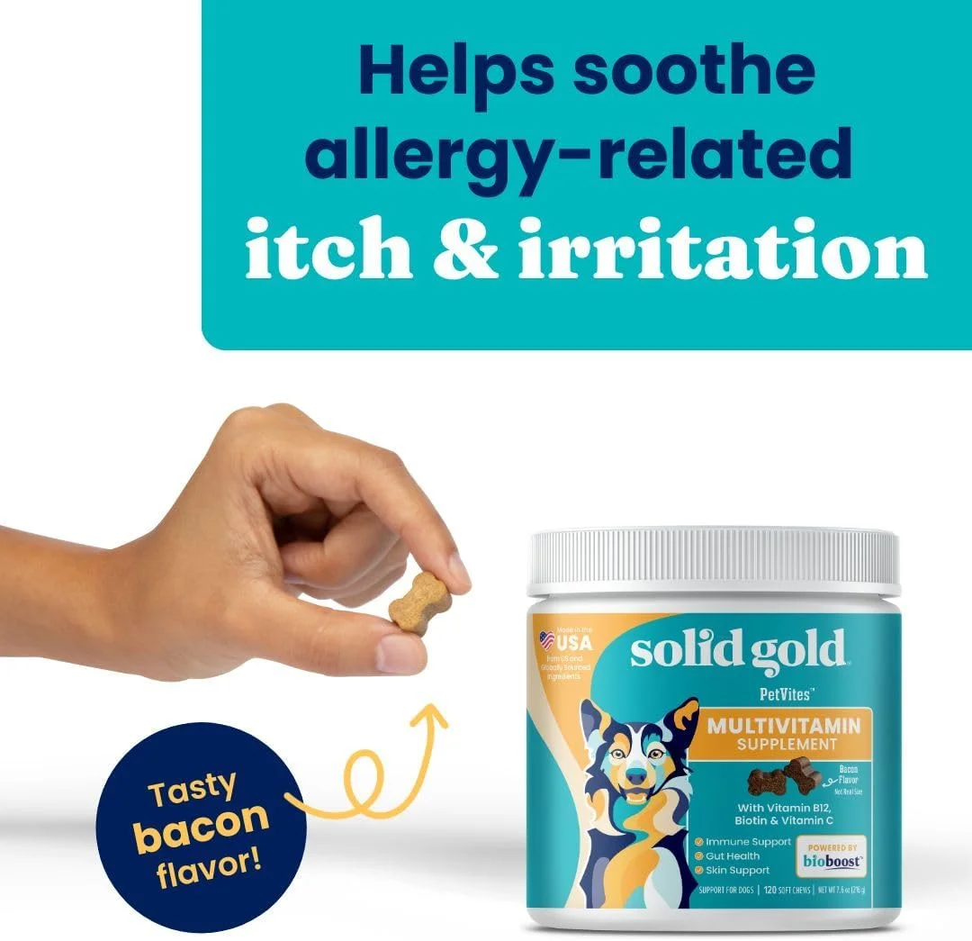 مولتی ویتامین سگ گلد سالید - مکمل جویدنی ویتامین سگ PetVites - ویتامین C، A، B12 و E به همراه پروبیوتیک ها و آنتی اکسیدان ها برای ارتقاء سلامت سیستم ایمنی و انرژی