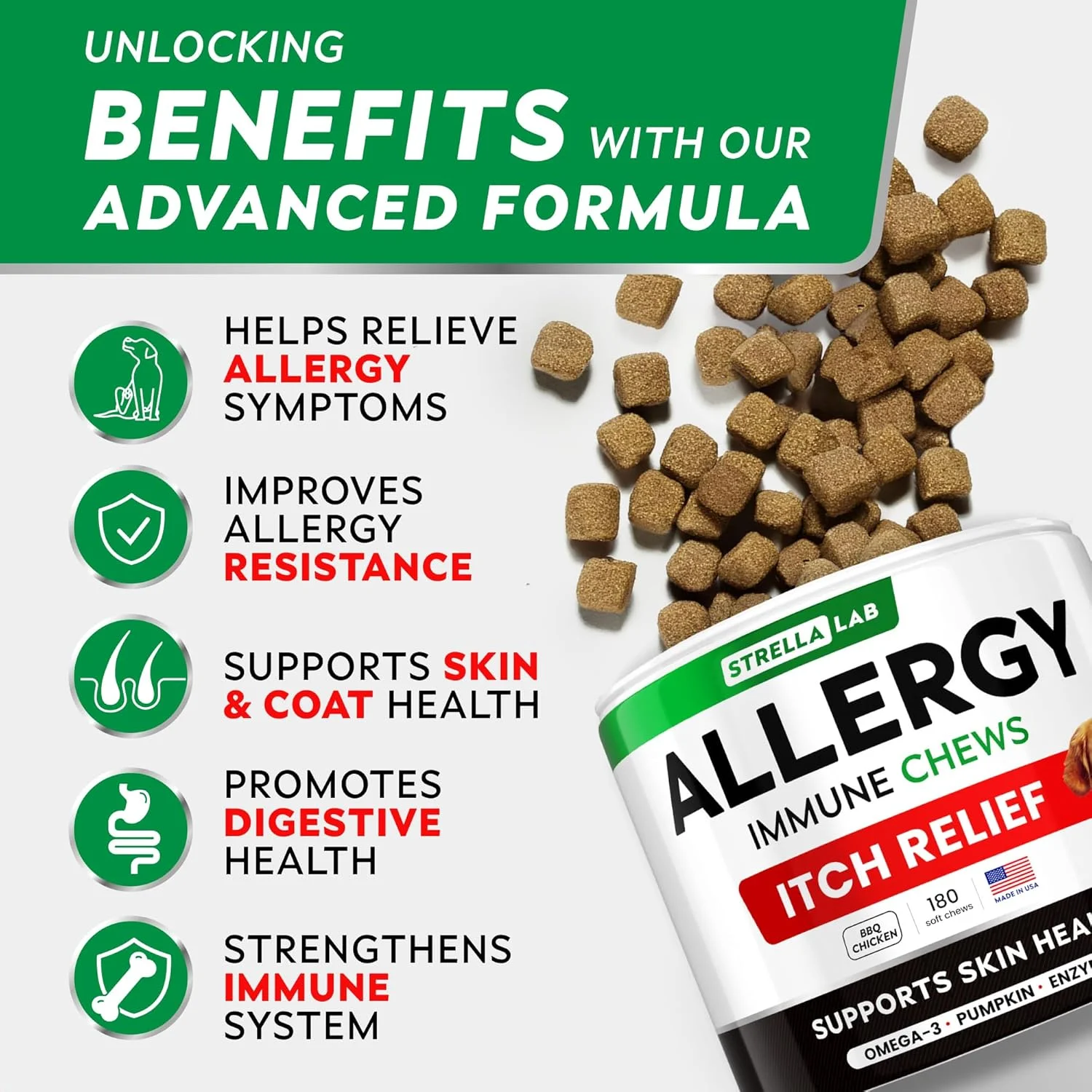 قرص های جویدنی رفع آلرژی و ضد خارش سگ STRELLALAB با امگا 3: مواد واقعی، طعم واقعی! مکمل تقویت کننده سیستم ایمنی پوست و مو با روغن ماهی، کدو تنبل و آنزیم ها - طعم مرغ باربیکیو - 180 عدد