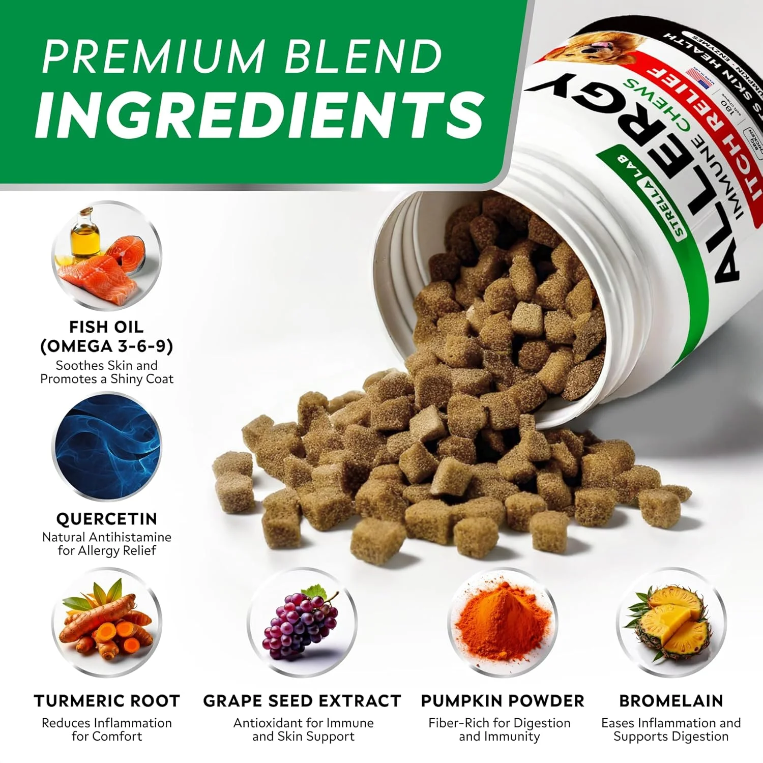 قرص های جویدنی رفع آلرژی و ضد خارش سگ STRELLALAB با امگا 3: مواد واقعی، طعم واقعی! مکمل تقویت کننده سیستم ایمنی پوست و مو با روغن ماهی، کدو تنبل و آنزیم ها - طعم مرغ باربیکیو - 180 عدد