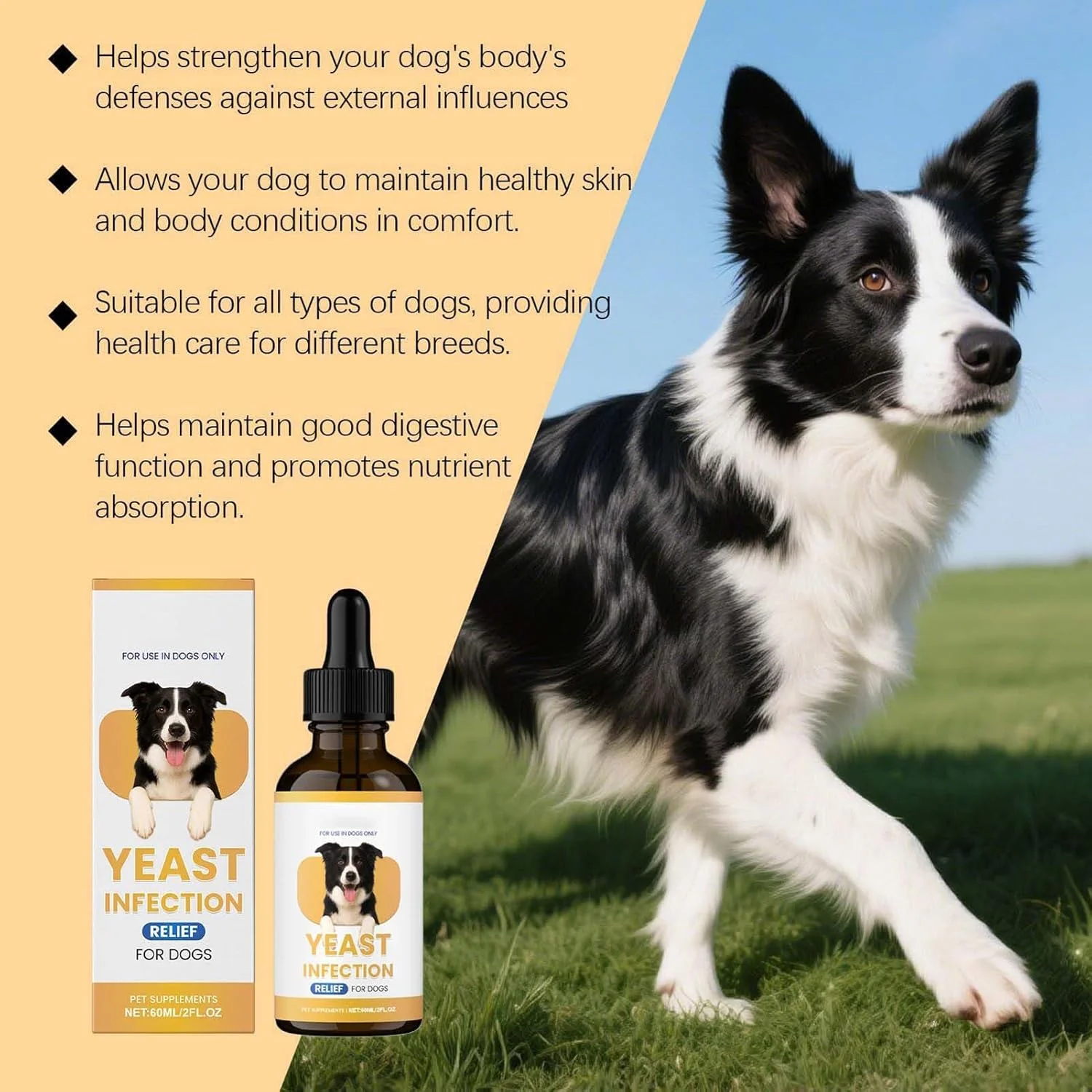 مکمل های تسکین دهنده پوست سگ، 60 میلی لیتر مکمل ملایم - قطره های مراقبت از گوش و مشکلات پوستی سگ های طبیعی - برای توله سگ های کوچک، بزرگ، بالغ، مسن، داخل خانه، خارج از خانه، مسافرت، حمام روزانه