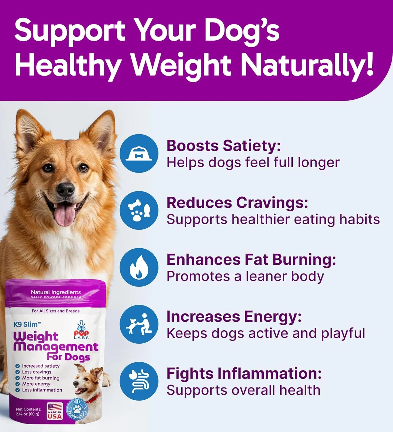 مکمل کاهش وزن سگ Pup Labs K9 Slim، مکمل غذای سگ با مدیریت وزن طبیعی برای کاهش هوس، چربی سوزی بیشتر و انرژی، کیسه 2.14 اونسی