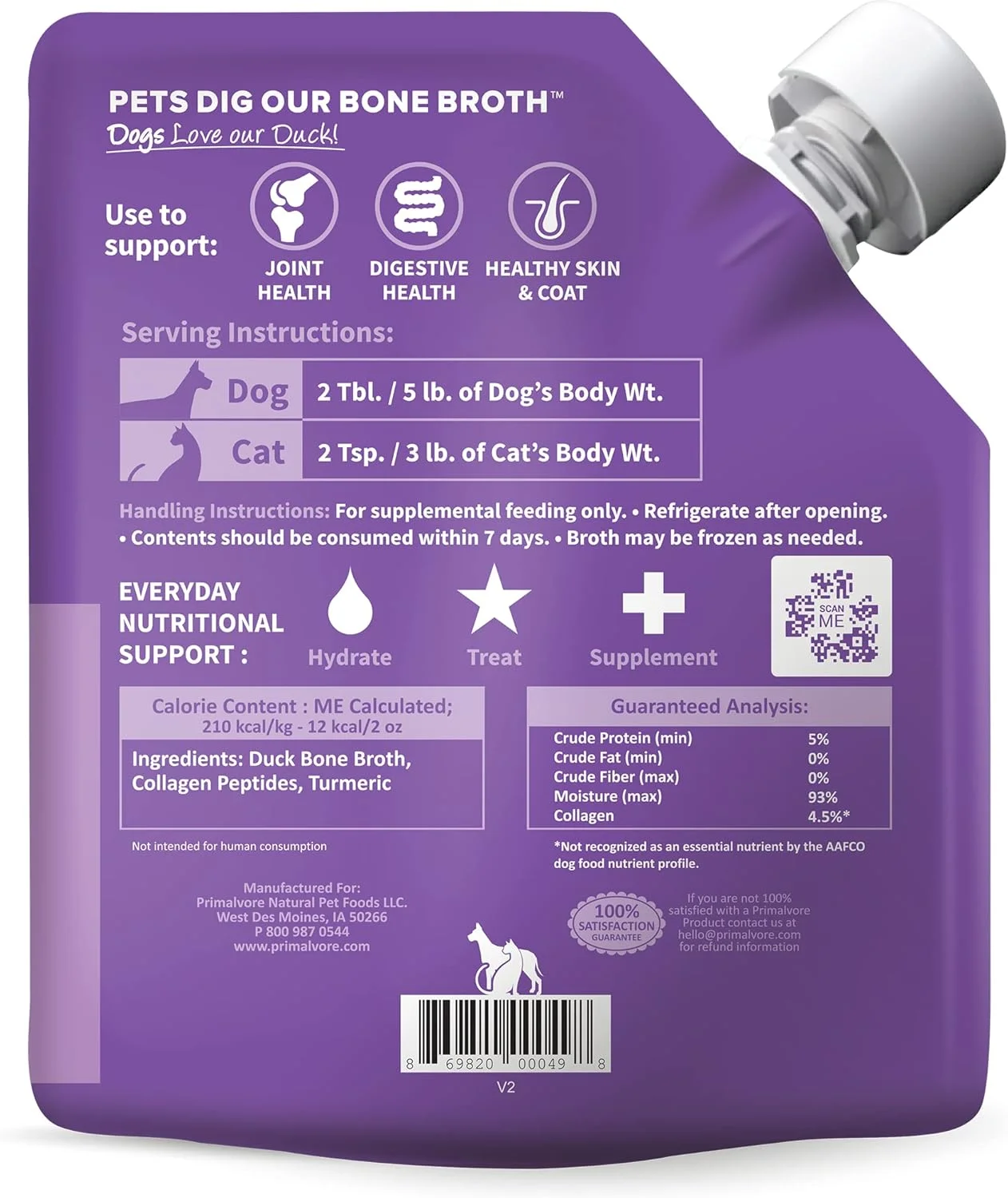 آب قلم اردک طبیعی پریمالور برای سگ و گربه، فرمول تحرک با پپتیدهای کلاژن، پشتیبانی از مفصل ران و مفاصل، هضم، پوست و پوشش و آبرسانی، بدون غلات، درجه انسانی، ساخت آمریکا. اردک 2 عددی