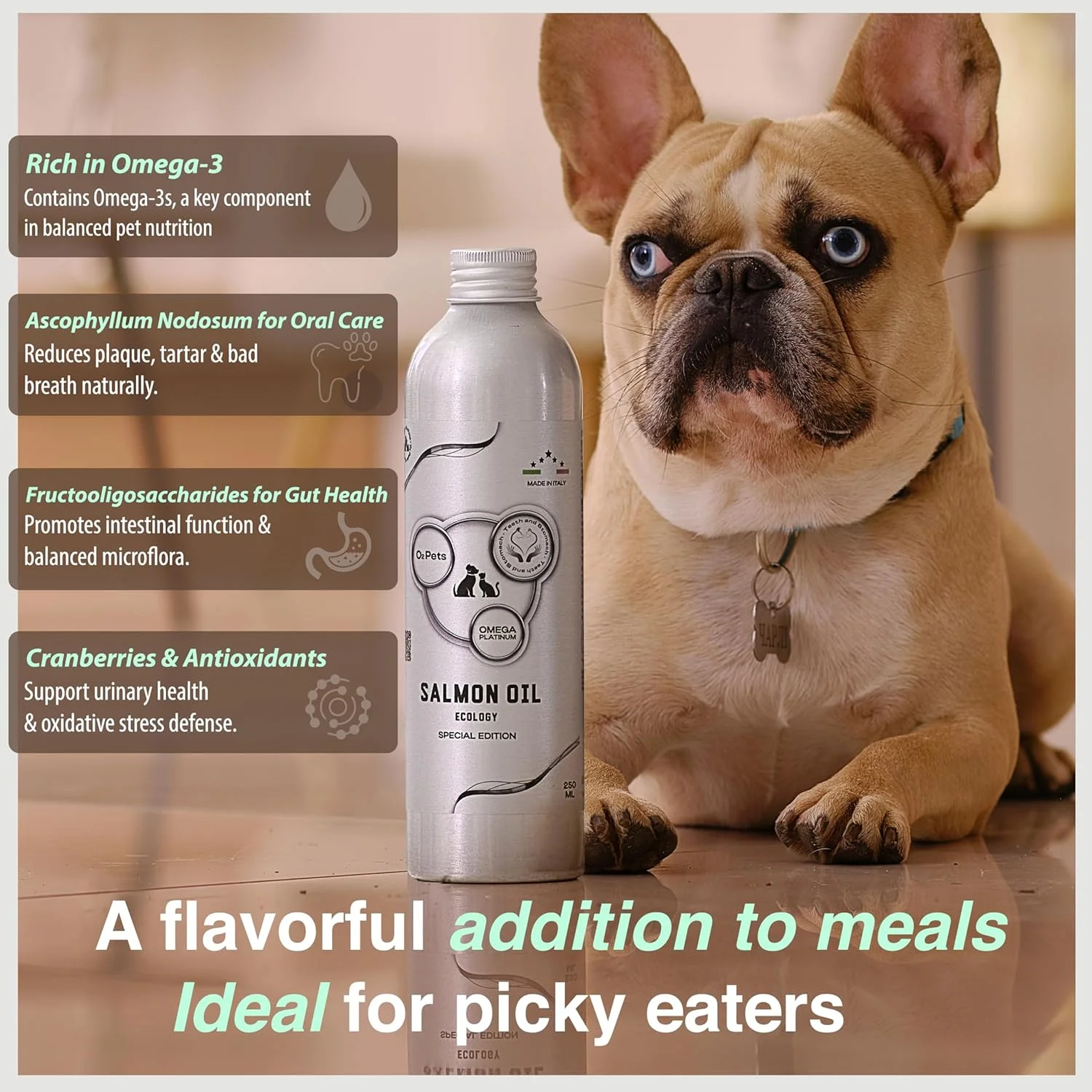 روغن ماهی سالمون نروژی O2 PETS Omega Platinum صید وحشی برای سگ و گربه، روغن ماهی امگا 3 مایع، مکمل طبیعی سگ و تشویقی گربه (250 میلی لیتر)