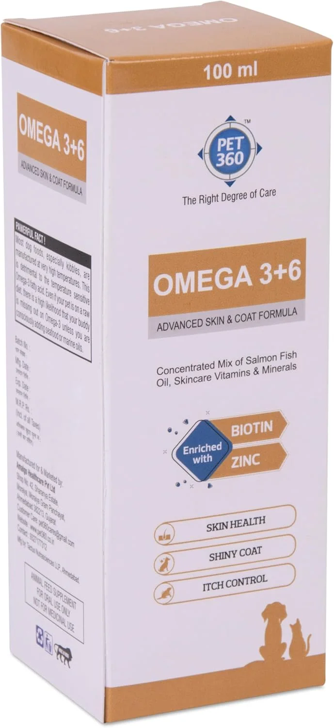 روغن ماهی سالمون امگا 3+6 PET360 برای سگ ها و گربه ها به همراه ویتامین ها و مواد معدنی - 100 میلی لیتر | پوشش براق تر، کنترل خارش و آلرژی | بهبود سلامت پوست و مو | مکمل غذایی برای حیوانات خانگی