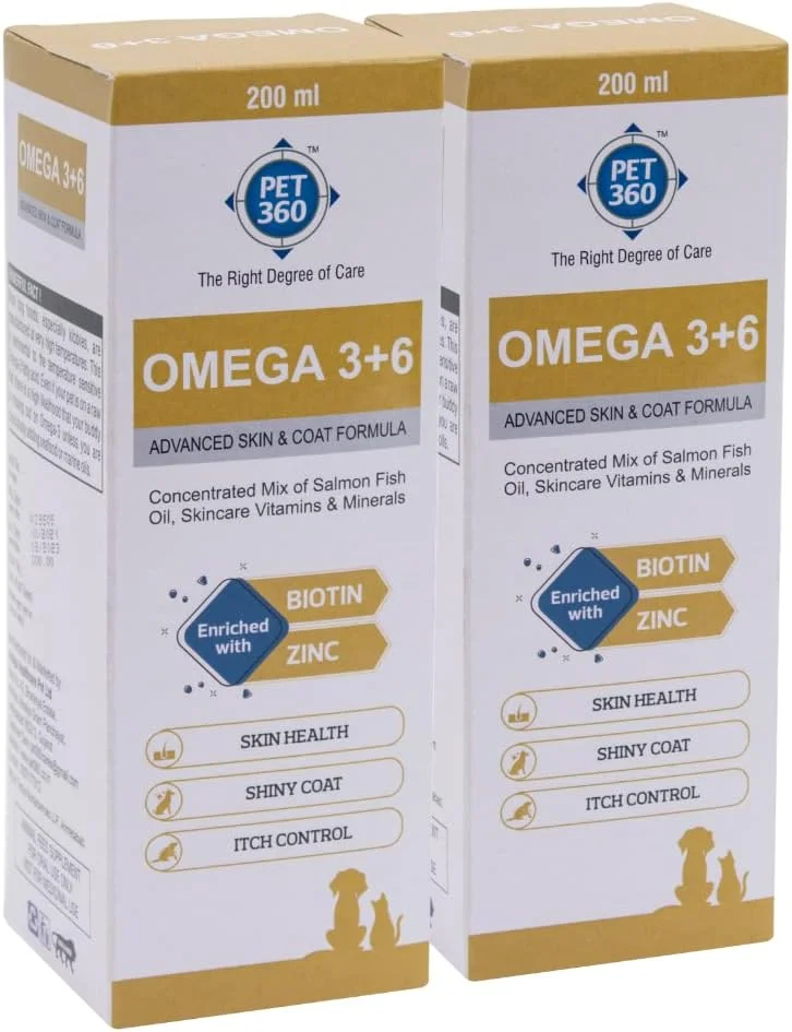 روغن ماهی سالمون امگا 3+6 PET360 برای سگ و گربه به همراه ویتامین ها، مواد معدنی و تورین - 200 میلی لیتر، بسته 2 عددی | پوشش براق تر، کنترل خارش و کاهش آلرژی های پوستی | بهبود سلامت پوست و مو