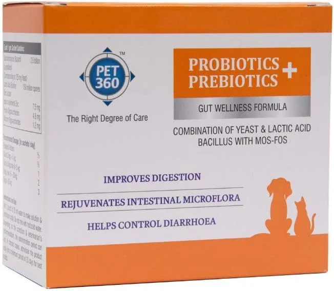 فرمول سلامت روده PET360 PROBIOTICS + PREBIOTICS برای سگ ها و گربه ها - 10 ساشه | 2.5 میلیارد CFU مخمر + 150 میلیون باسیل اسید لاکتیک با MOS & FOS برای بهبود هضم و کنترل اسهال