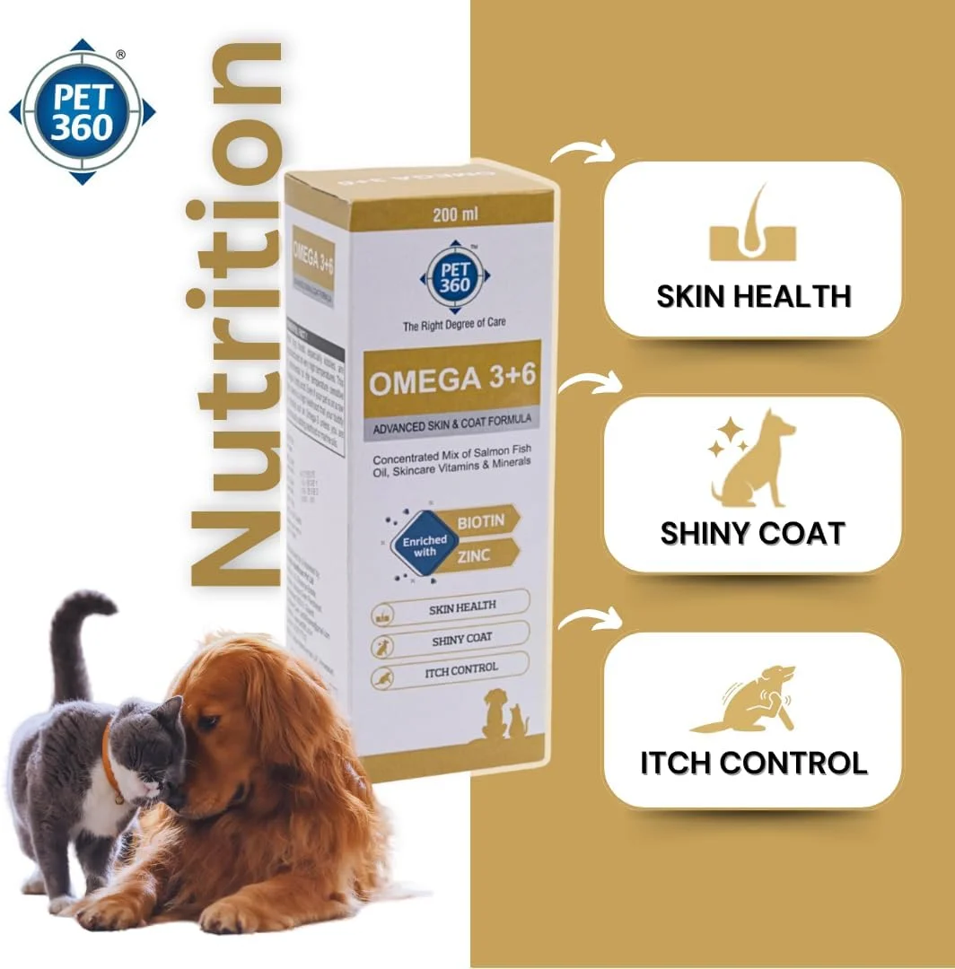 روغن ماهی سالمون امگا 3+6 PET360 برای سگ ها و گربه ها به همراه ویتامین ها و مواد معدنی | پوشش براق تر، کنترل خارش و آلرژی | بهبود سلامت پوست و مو | مکمل غذایی برای حیوانات خانگی - 200 میلی لیتر