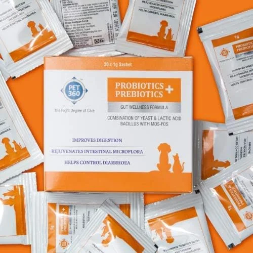 فرمول سلامت روده PET360 PROBIOTICS + PREBIOTICS برای سگ ها و گربه ها - 10 ساشه | 2.5 میلیارد CFU مخمر + 150 میلیون باسیل اسید لاکتیک با MOS & FOS برای بهبود هضم و کنترل اسهال