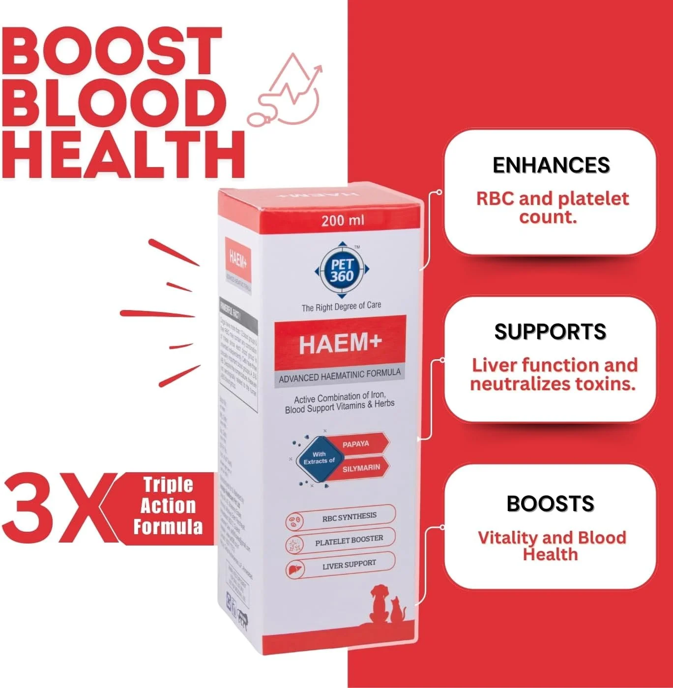 پت 360 HAEM+ فرمول هماتینیک پیشرفته برای سنتز RBC، تقویت کننده پلاکت و پشتیبانی از کبد برای سگ ها و گربه ها 200 میلی لیتر (200 میلی لیتر)