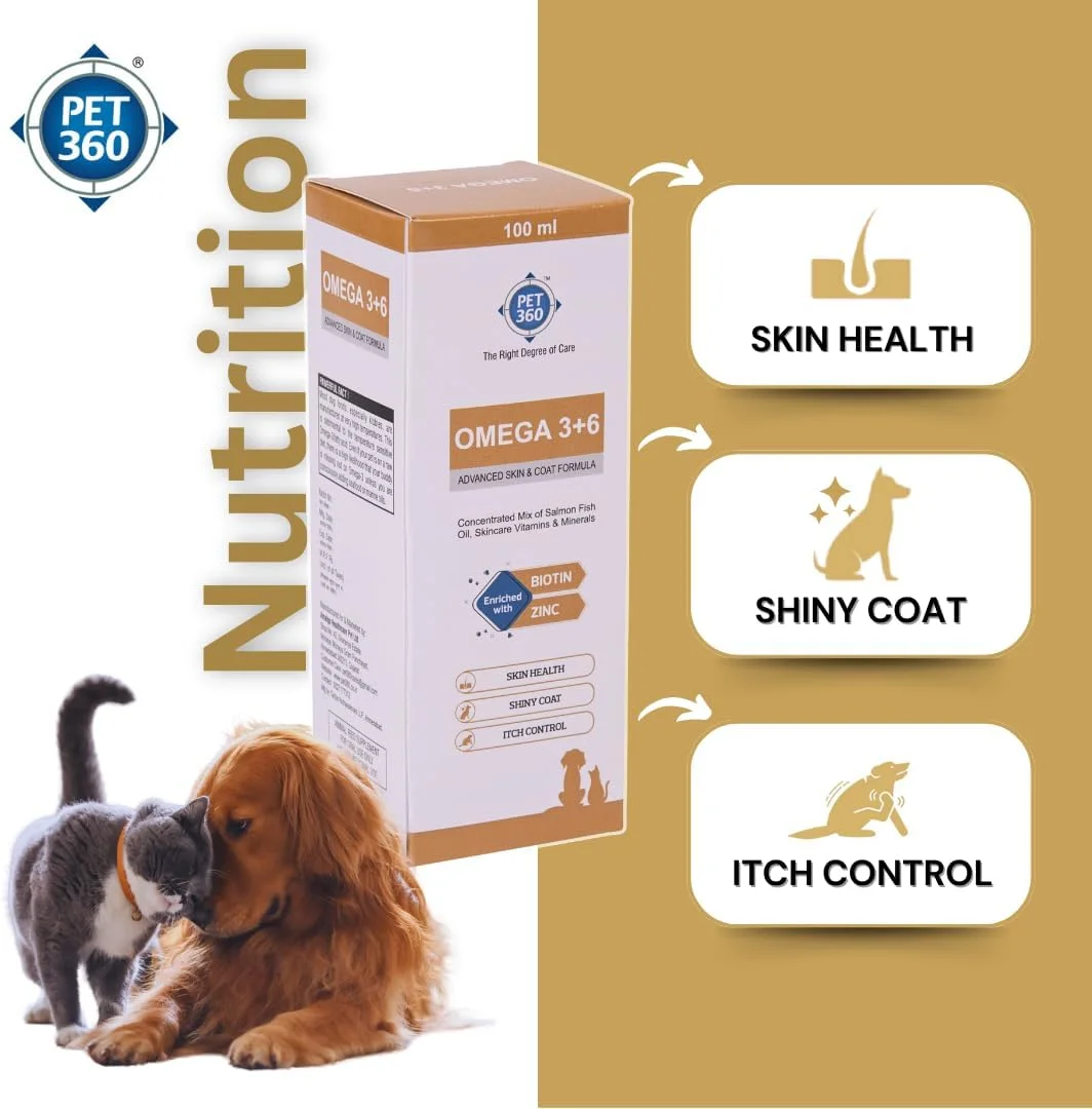 روغن ماهی سالمون امگا 3+6 PET360 برای سگ ها و گربه ها به همراه ویتامین ها و مواد معدنی - 100 میلی لیتر | پوشش براق تر، کنترل خارش و آلرژی | بهبود سلامت پوست و مو | مکمل غذایی برای حیوانات خانگی