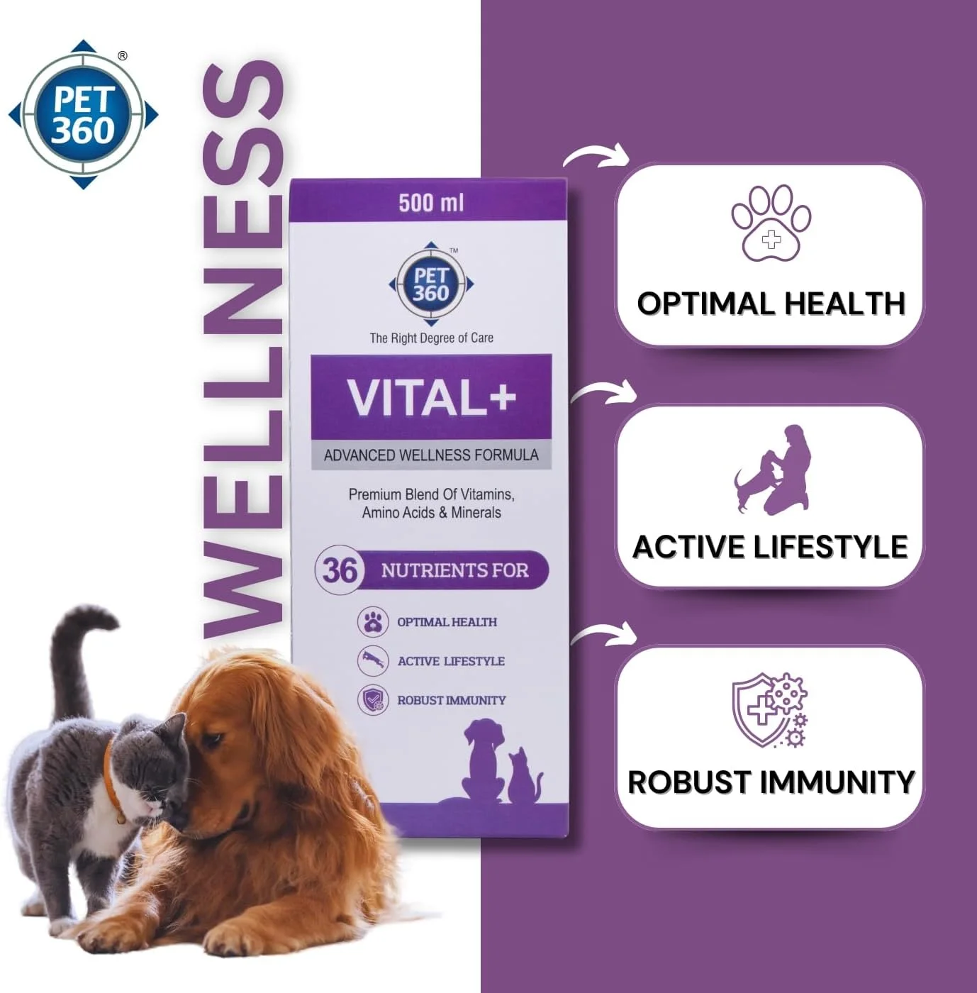 فرمول پیشرفته سلامتی Vital+ برای سگ ها و گربه ها | شربت مولتی ویتامین برای پوست سالم، مفاصل و تقویت ایمنی | مکمل غذایی با ویتامین ها و مواد معدنی برای رشد بهتر - 500 میلی لیتر