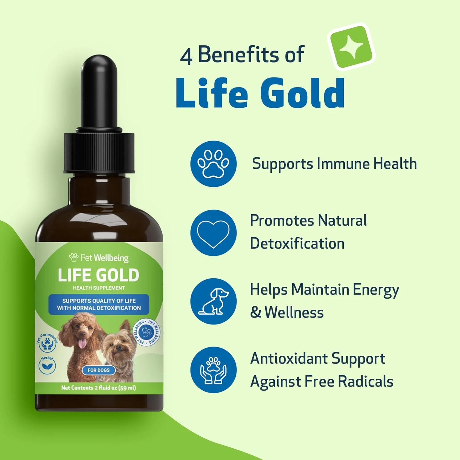 لایف گلد پت ولبینگ برای سگ ها - فرموله شده توسط دامپزشکان - پشتیبانی از سیستم ایمنی و محافظت آنتی اکسیدانی - مکمل گیاهی طبیعی 59 میلی لیتر