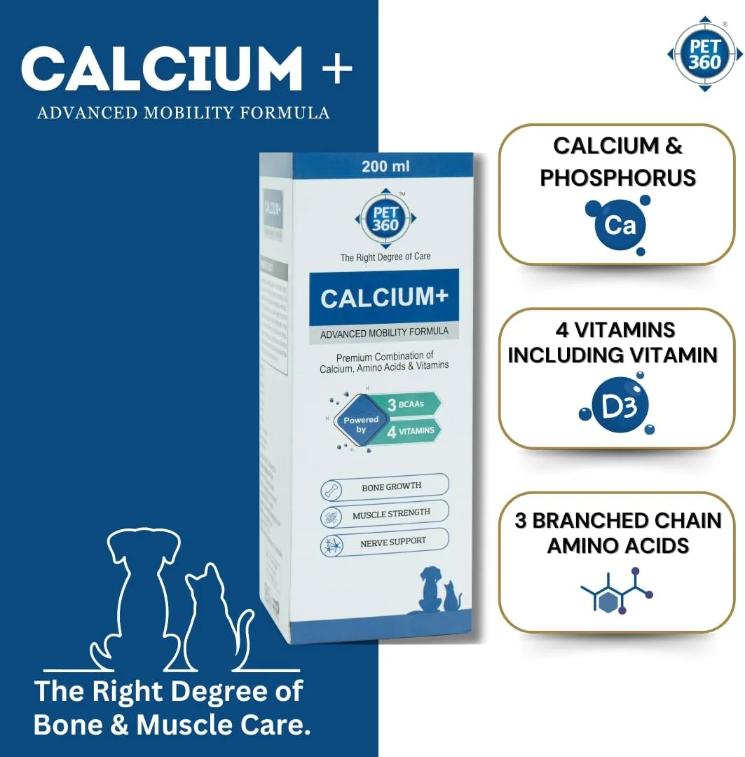 فرمول پیشرفته کلسیم+ برای تحرک با کلسیم، آمینو اسیدها و ویتامین ها برای سگ ها و گربه ها - 200 میلی لیتر | رشد استخوان، قدرت عضلانی و پشتیبانی عصبی | مکمل های غذایی برای حیوانات خانگی