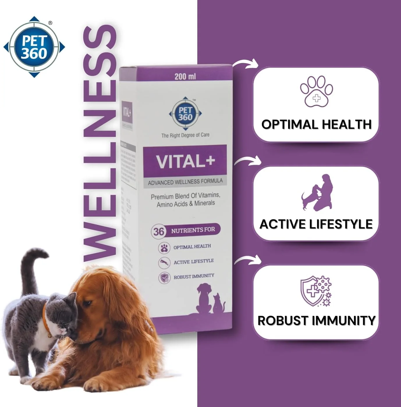 فرمول پیشرفته سلامتی Vital+ برای سگ ها و گربه ها | شربت مولتی ویتامین برای پوست سالم، مفاصل و تقویت ایمنی | مکمل غذایی با ویتامین ها و مواد معدنی برای رشد بهتر - 200 میلی لیتر