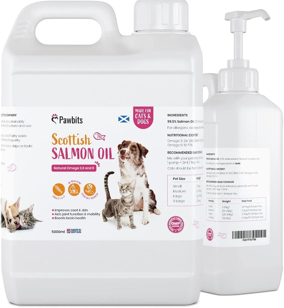 روغن سالمون اسکاتلندی 5 لیتری Pawbits برای گربه ها، سگ ها و حیوانات خانگی - امگا 3+6+9 طبیعی، پوشش سالم و سیستم ایمنی، ساخت بریتانیا، مناسب برای اسب ها و راسوها.