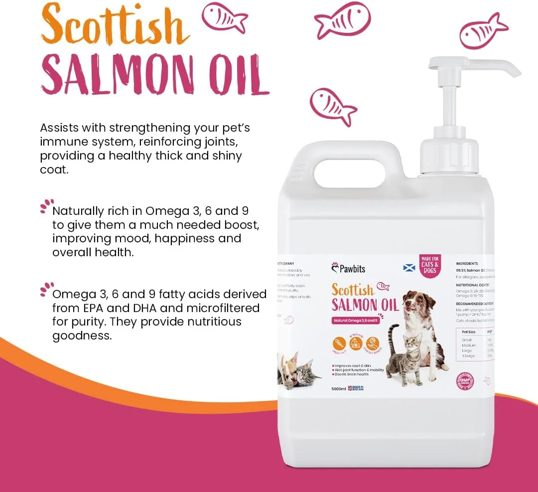 روغن سالمون اسکاتلندی 5 لیتری Pawbits برای گربه ها، سگ ها و حیوانات خانگی - امگا 3+6+9 طبیعی، پوشش سالم و سیستم ایمنی، ساخت بریتانیا، مناسب برای اسب ها و راسوها. روغن سالمون اسکاتلندی 5 لیتری Pawbits برای گربه ها، سگ ها و حیوانات خانگی - امگا 3+6+9 طبیعی، پوشش سالم و سیستم ایمنی، ساخت بریتانیا، مناسب برای اسب ها و راسوها.