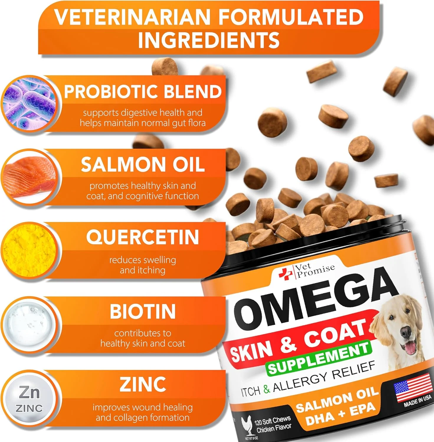 امگا 3 برای سگ ها - مکمل پوست و مو - روغن ماهی جویدنی برای سگ ها - تسکین آلرژی و خارش - مکمل ضد ریزش - درمان خشکی پوست - روغن سالمون - ساخت آمریکا - 120 عدد تشویقی نرم