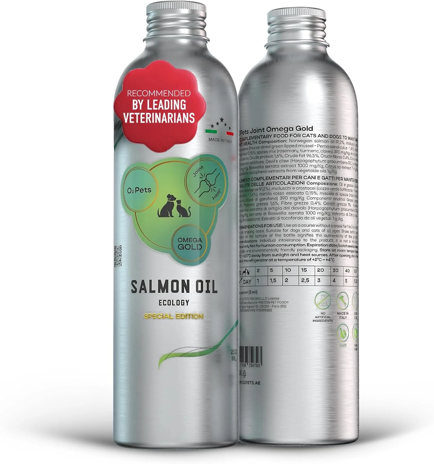 روغن امگا گلد O2 PETS - روغن ماهی سالمون نروژی صید وحشی برای سگ و گربه، روغن ماهی امگا 3 برای تشویقی و افزودنی غذای حیوانات خانگی، پشتیبانی عالی از مفاصل (500 میلی لیتر)