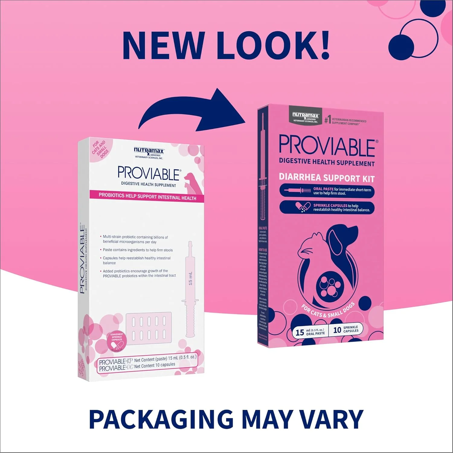 کیت مکمل سلامت گوارش پروبیوتیک Proviable Laboratories Nutramax با پروبیوتیک ها و پری بیوتیک های چند سویه برای گربه ها و سگ های کوچک، حاوی 7 سویه باکتری، خمیر 15 میلی لیتری و 10 کپسول