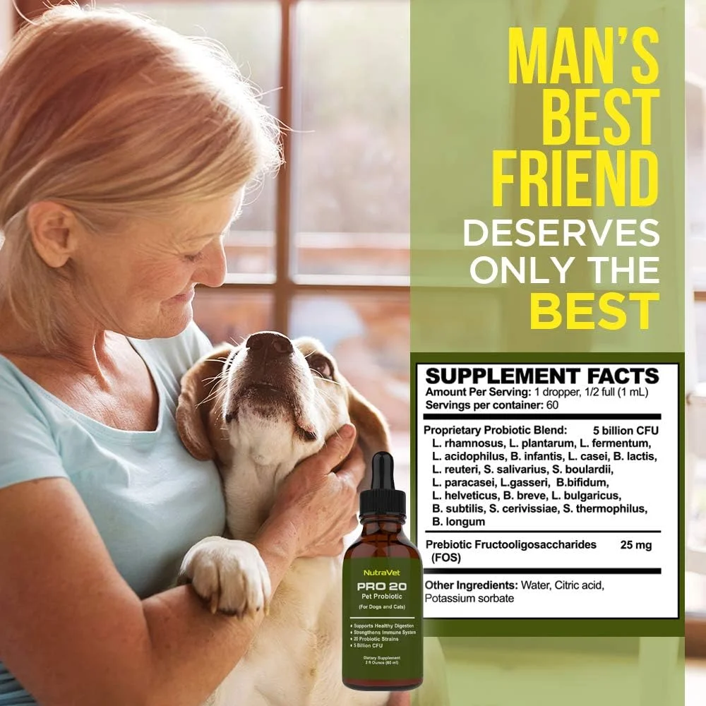 قطره پروبیوتیک NutraVet Pro20 برای سگ و گربه، حاوی آنزیم‌های گوارشی طبیعی برای تنفس بهتر و دندان‌های سالم‌تر - مکمل حیوانات خانگی برای کمک به هضم غذا با پری‌بیوتیک‌ها برای رفع گاز، یبوست و نشت روده