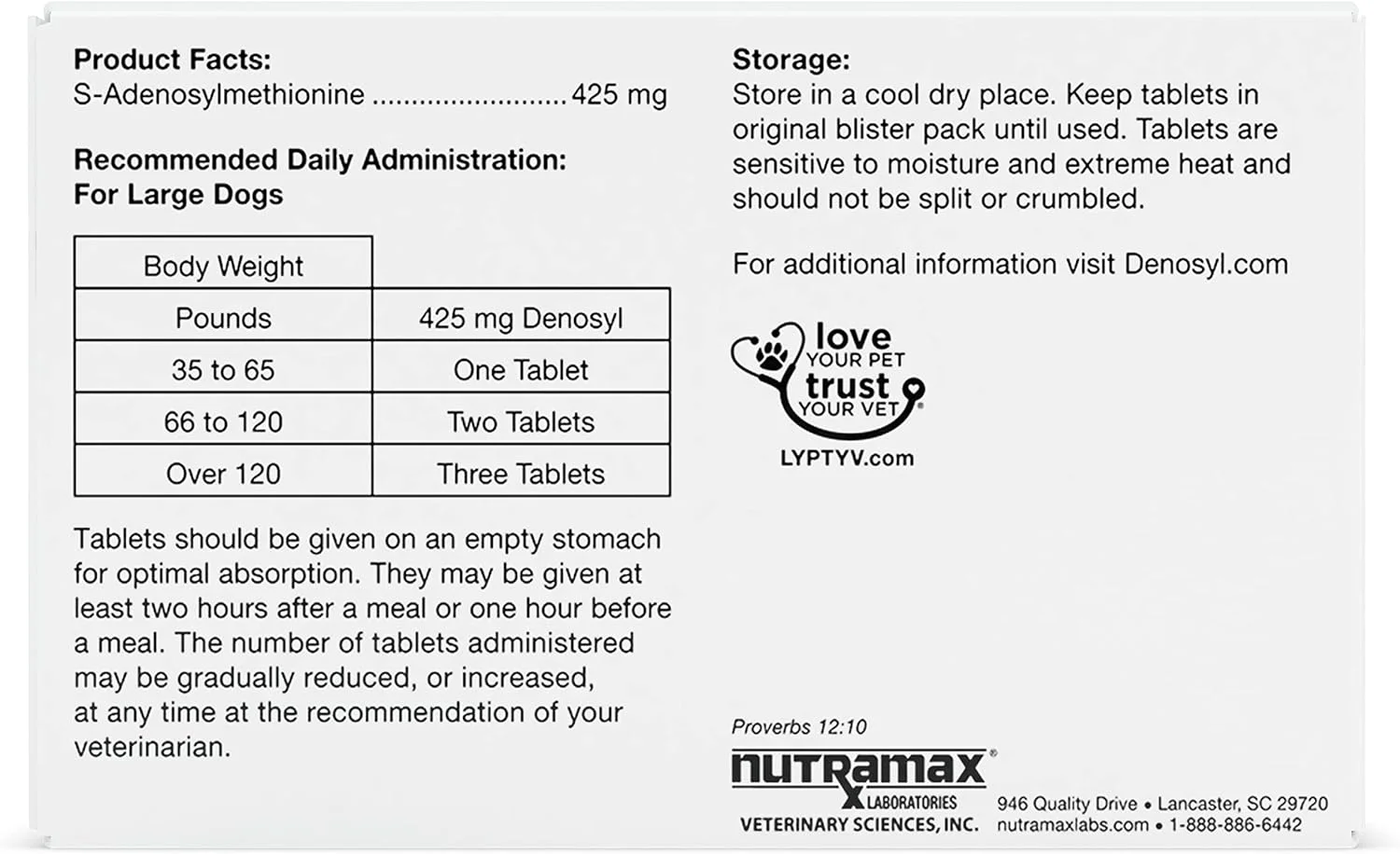 Nutramax Denosyl Tablets, Large Dog, 425mg, 30 Count