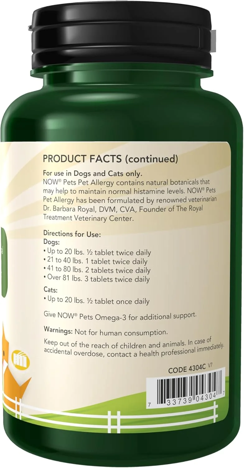 NOW Pet Health, Pet Allergy Supplement, Formulated for Cats & Dogs, NASC Certified, 75 Chewable Tablets
