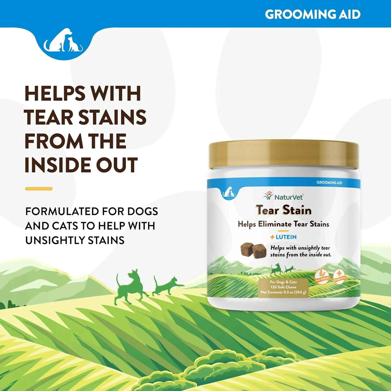 مکمل لوتئین NaturVet برای رفع لکه‌های اشک سگ و گربه - جلوگیری از لکه‌های اشک برای نژادهای سگ و گربه - حاوی ریشه انگور اورگان، ریشه ختمی، عصاره کرن بری - 120 عدد