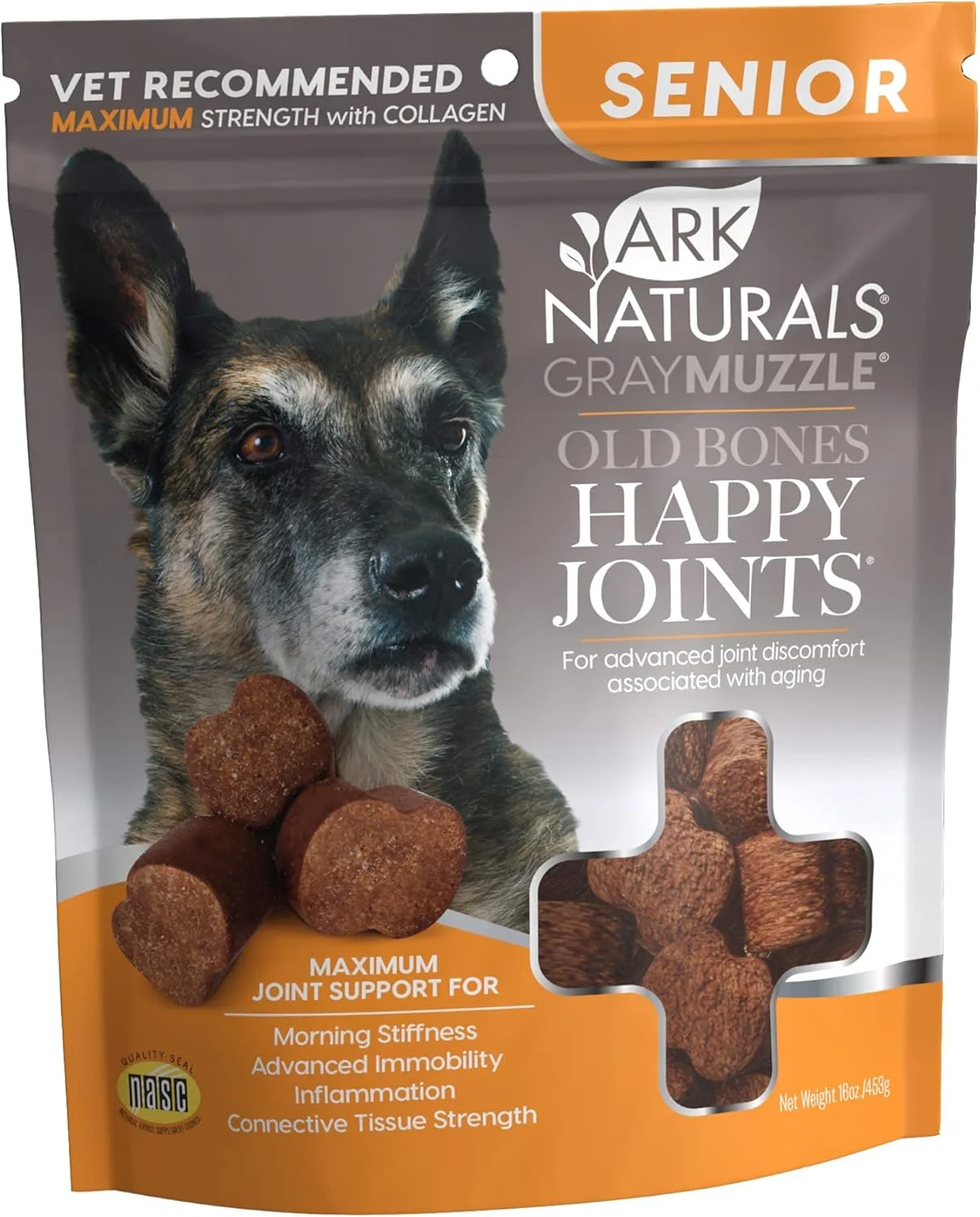 آرک نچرالز Gray Muzzle Old Dogs Happy Joints جویدنی های حداکثر قدرت برای سگ های نژاد بزرگ، توصیه شده توسط دامپزشکان برای حمایت از غضروف و عملکرد مفاصل، 500 میلی گرم گلوکزامین، کیسه 467 گرمی، بسته بندی ممکن است متفاوت باشد
