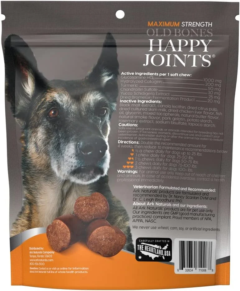 آرک نچرالز Gray Muzzle Old Dogs Happy Joints جویدنی های حداکثر قدرت برای سگ های نژاد بزرگ، توصیه شده توسط دامپزشکان برای حمایت از غضروف و عملکرد مفاصل، 500 میلی گرم گلوکزامین، کیسه 467 گرمی، بسته بندی ممکن است متفاوت باشد