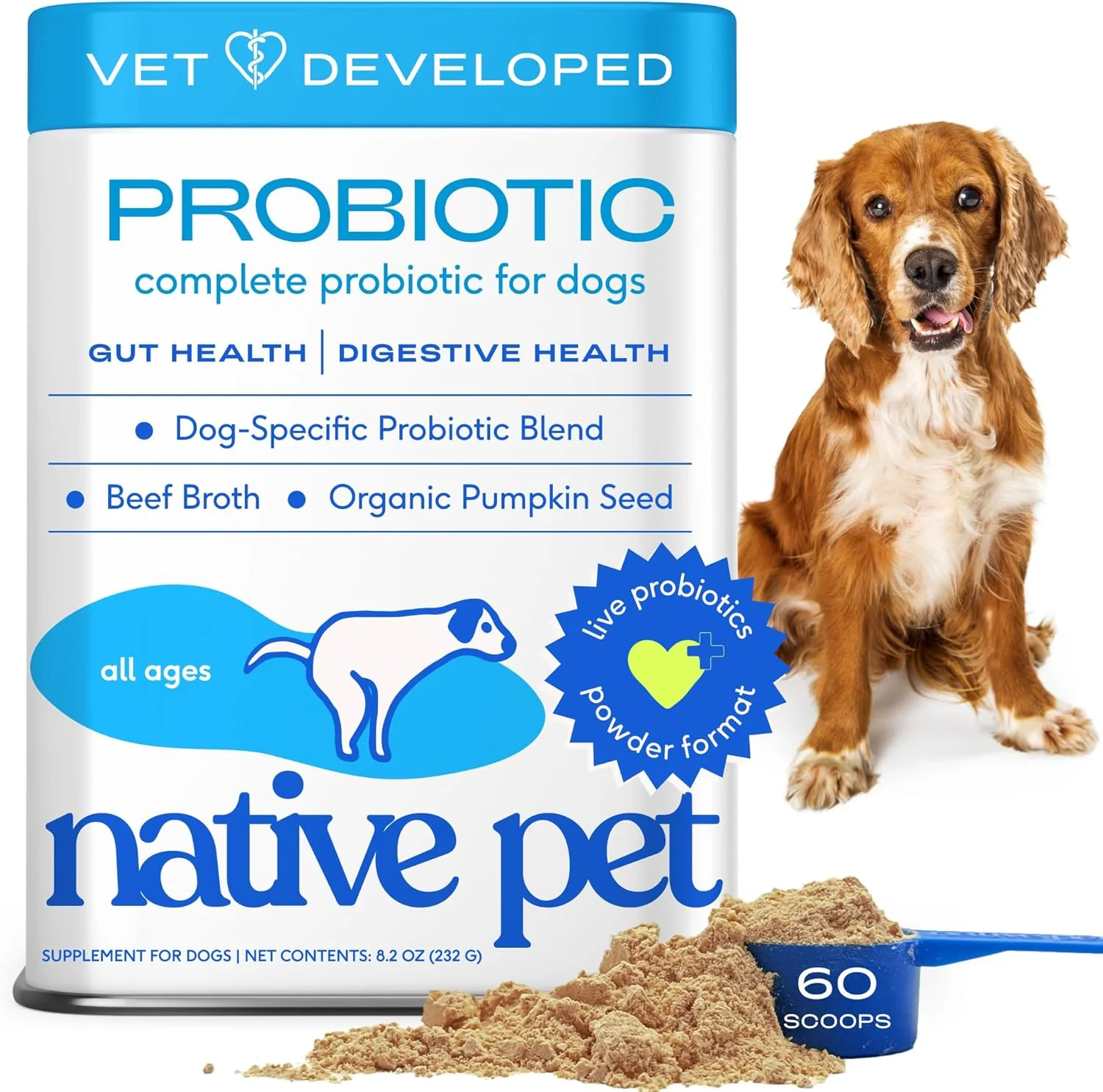 پروبیوتیک مخصوص سگ Native Pet - پودر پروبیوتیک برای سلامت دستگاه گوارش، تقویت روده و سیستم ایمنی سگ - پودر فرموله شده توسط دامپزشکان برای حداکثر کارایی با آنزیم های گوارشی و پری بیوتیک - 60 پیمانه