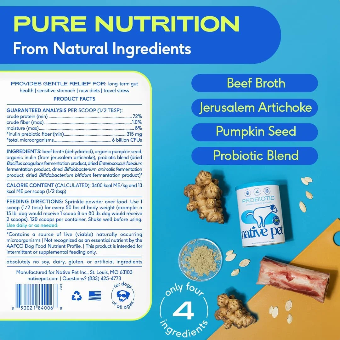 پروبیوتیک مخصوص سگ Native Pet - پودر پروبیوتیک برای سلامت دستگاه گوارش، تقویت روده و سیستم ایمنی سگ - پودر فرموله شده توسط دامپزشکان برای حداکثر کارایی با آنزیم های گوارشی و پری بیوتیک - 60 پیمانه