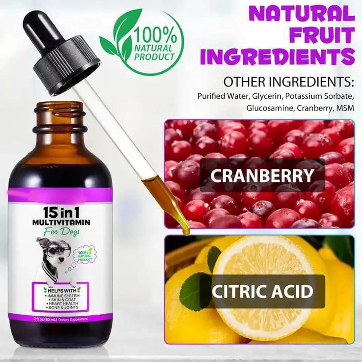 قطره مولتی ویتامین سگ 15 در 1، 60 میلی لیتر قطره مولتی ویتامین طبیعی سگ، قطره مولتی ویتامین سگ برای سگ های مسن، روغن مکمل مولتی ویتامین مفاصل حیوانات خانگی، برای لوازم حیوانات خانگی