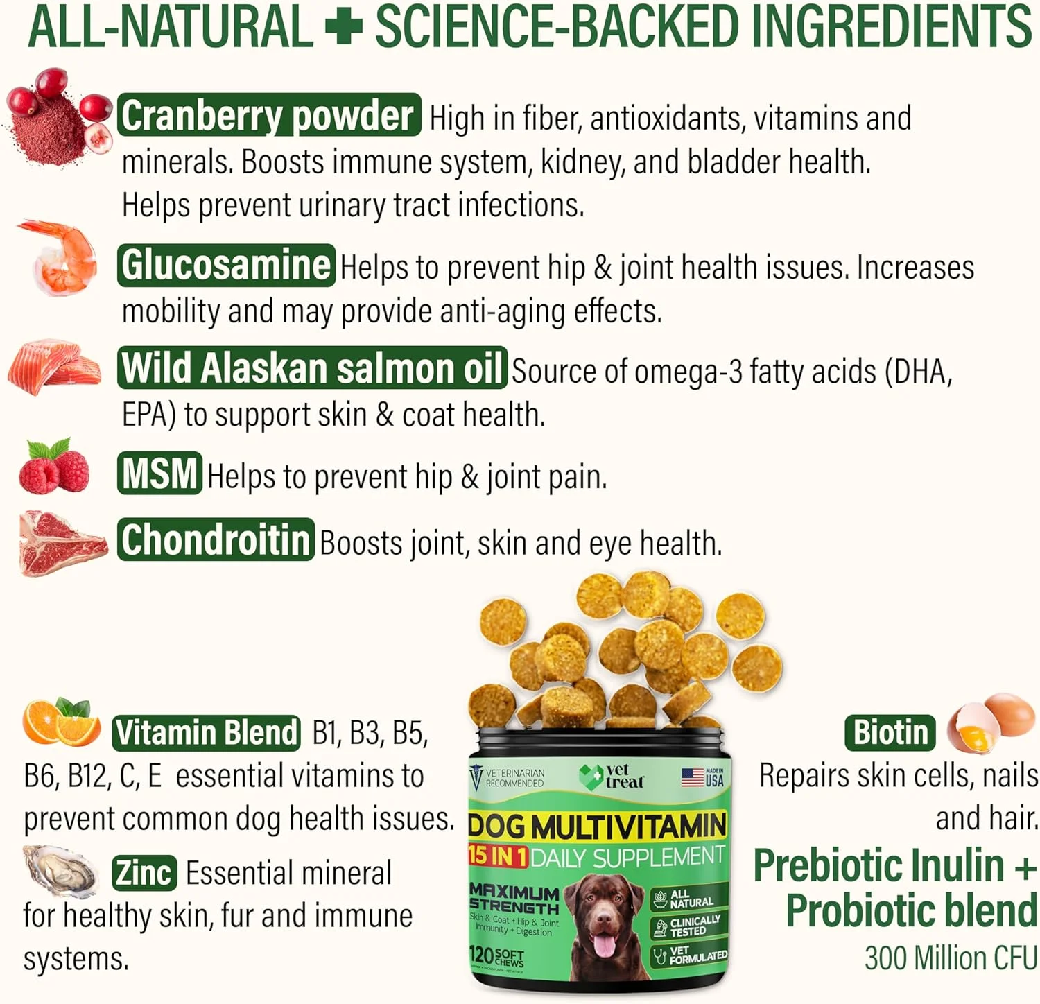 مولتی ویتامین جویدنی سگ با گلوکزامین - ساخت آمریکا - مکمل توله سگ و سگ مسن - 120 عدد - ویتامین ها و مکمل های سگ - پوست، قلب، ایمنی، حمایت از مفاصل ران و مفصل + روغن ماهی سالمون + پروبیوتیک مولتی ویتامین جویدنی سگ با گلوکزامین - ساخت آمریکا - مکمل توله سگ و سگ مسن - 120 عدد - ویتامین ها و مکمل های سگ - پوست، قلب، ایمنی، حمایت از مفاصل ران و مفصل + روغن ماهی سالمون + پروبیوتیک