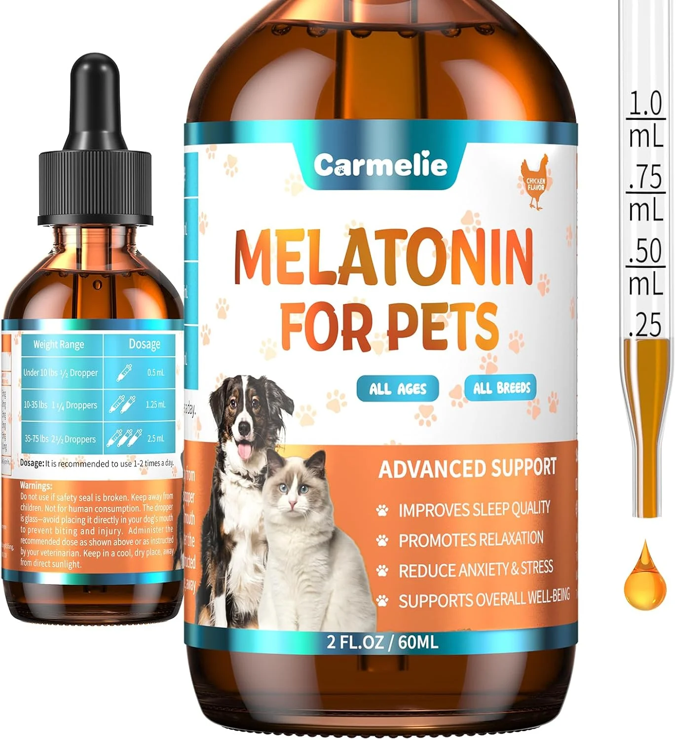 ملاتونین برای حیوانات خانگی، ملاتونین سگ، پشتیبانی از خواب سگ، مایع برای گربه ها، پشتیبانی از آرامش سگ و گربه، رفتار آرام در سگ ها، کمک به خواب آرام، طعم مرغ 60 میلی لیتر