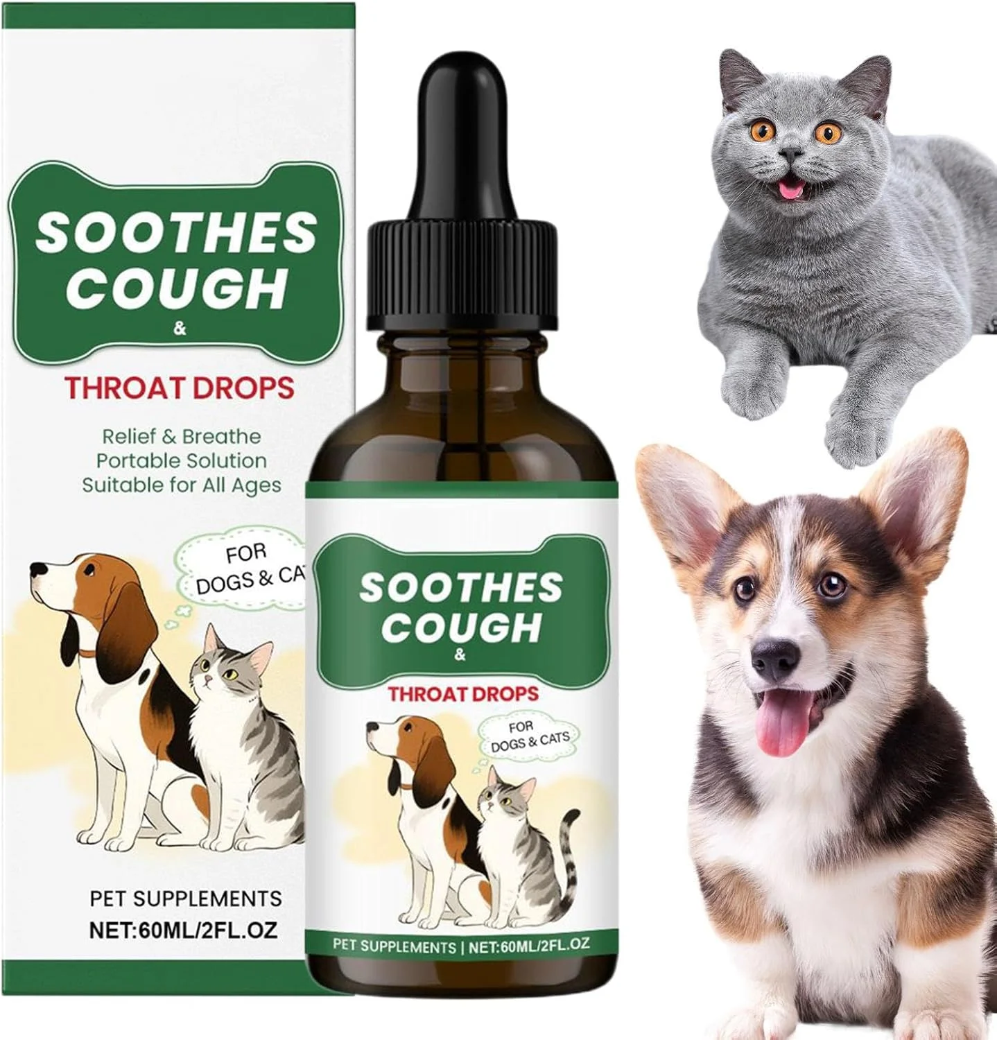 Cough Drops for Dogs | 60ml Liquid Supplements,Fast-Absorbing Body Care Liquid for Cats Dogs Morning Intake Evening Period Travel Home After Meals