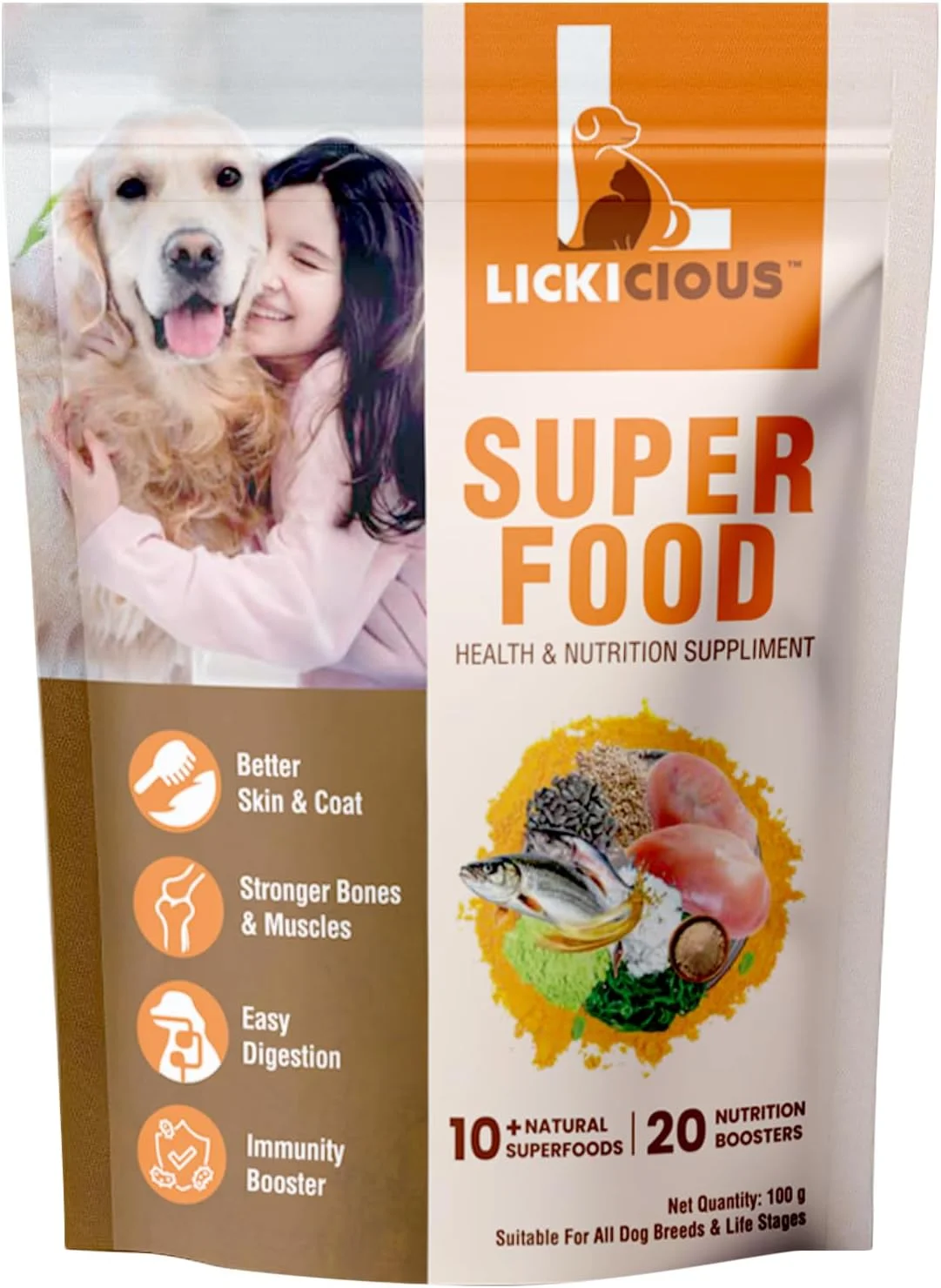 مکمل غذایی سگ و توله سگ LICKICIOUS، پودر سوپر فود، 100 گرم، با طعم مرغ و روغن ماهی برای استخوان های قوی تر، مفاصل سالم تر، تقویت سیستم ایمنی، پوست سالم و پوشش براق، حاوی بیش از 10 سوپر فود طبیعی