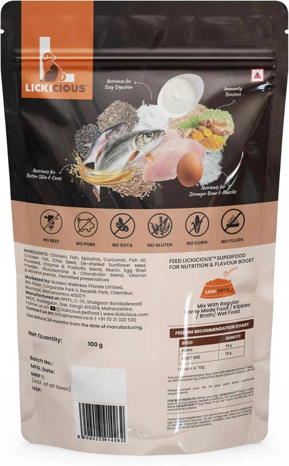 مکمل غذایی سگ و توله سگ LICKICIOUS، پودر سوپر فود، 100 گرم، با طعم مرغ و روغن ماهی برای استخوان های قوی تر، مفاصل سالم تر، تقویت سیستم ایمنی، پوست سالم و پوشش براق، حاوی بیش از 10 سوپر فود طبیعی