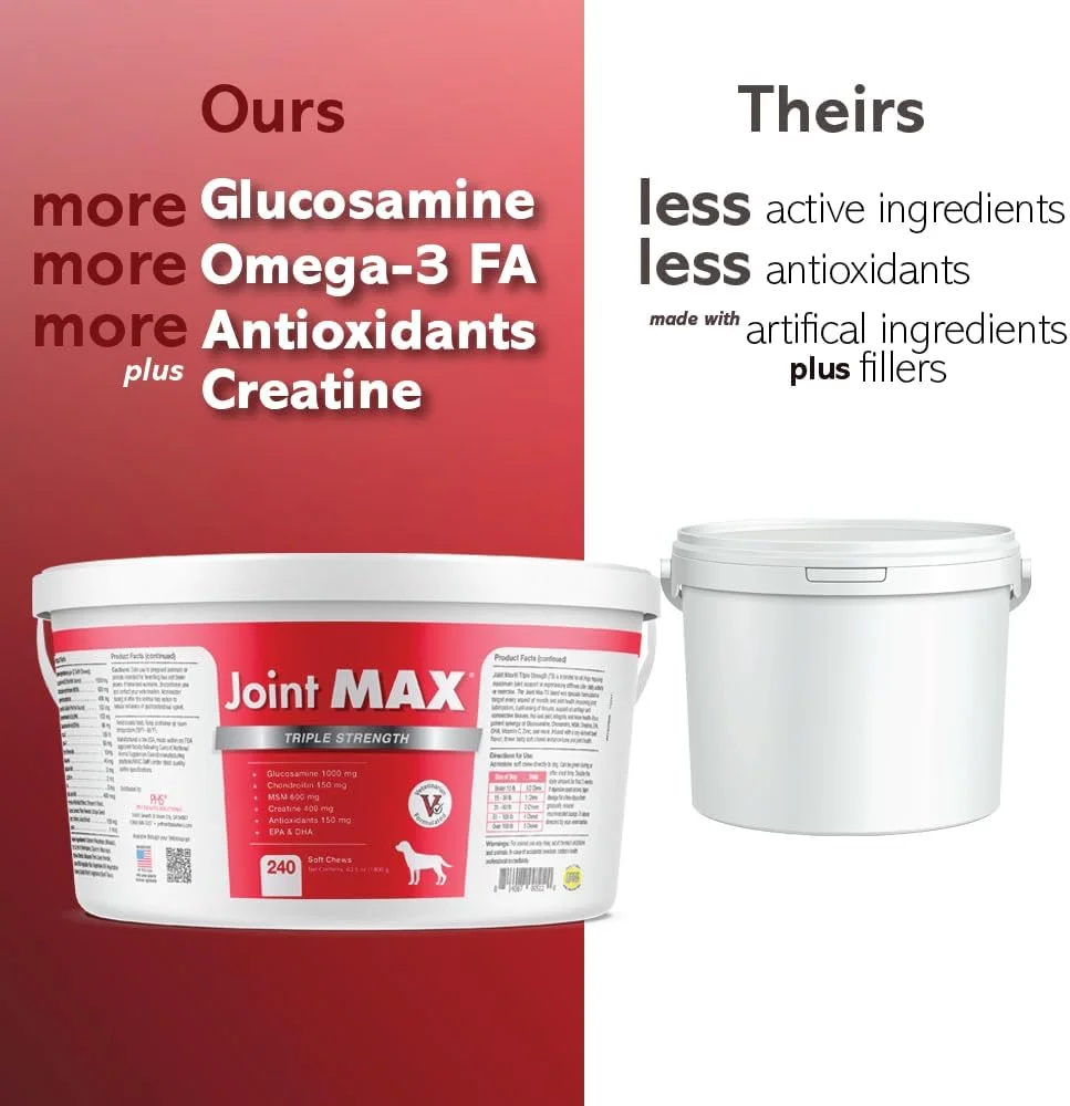 تشویقی نرم مفاصل سگ Joint Max PHS با قدرت سه برابر (TS) - گلوکزامین، کندرویتین، MSM، زردچوبه، امگا 3 - تسکین و پشتیبانی از درد و مفصل ران برای سگ ها - ساخت آمریکا - 240 عدد تشویقی نرم