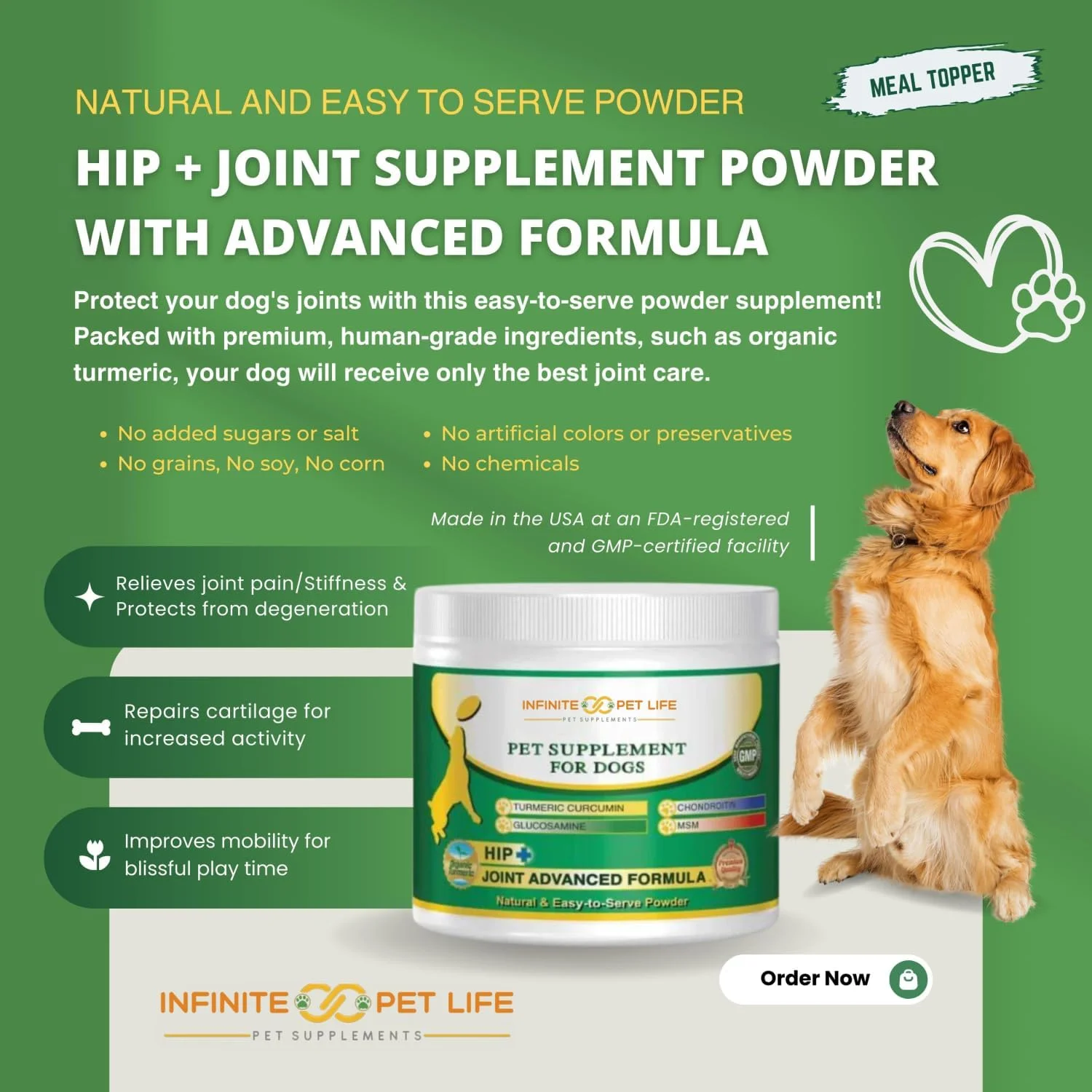 مکمل های کاملا طبیعی مفصل ران و مفصل سگ Infinite Pet Supplements - حاوی گلوکزامین، کندرویتین، MSM و زردچوبه ارگانیک - پشتیبانی از مفاصل سالم در سگ های بزرگ و کوچک - 90 عدد تشویقی جویدنی