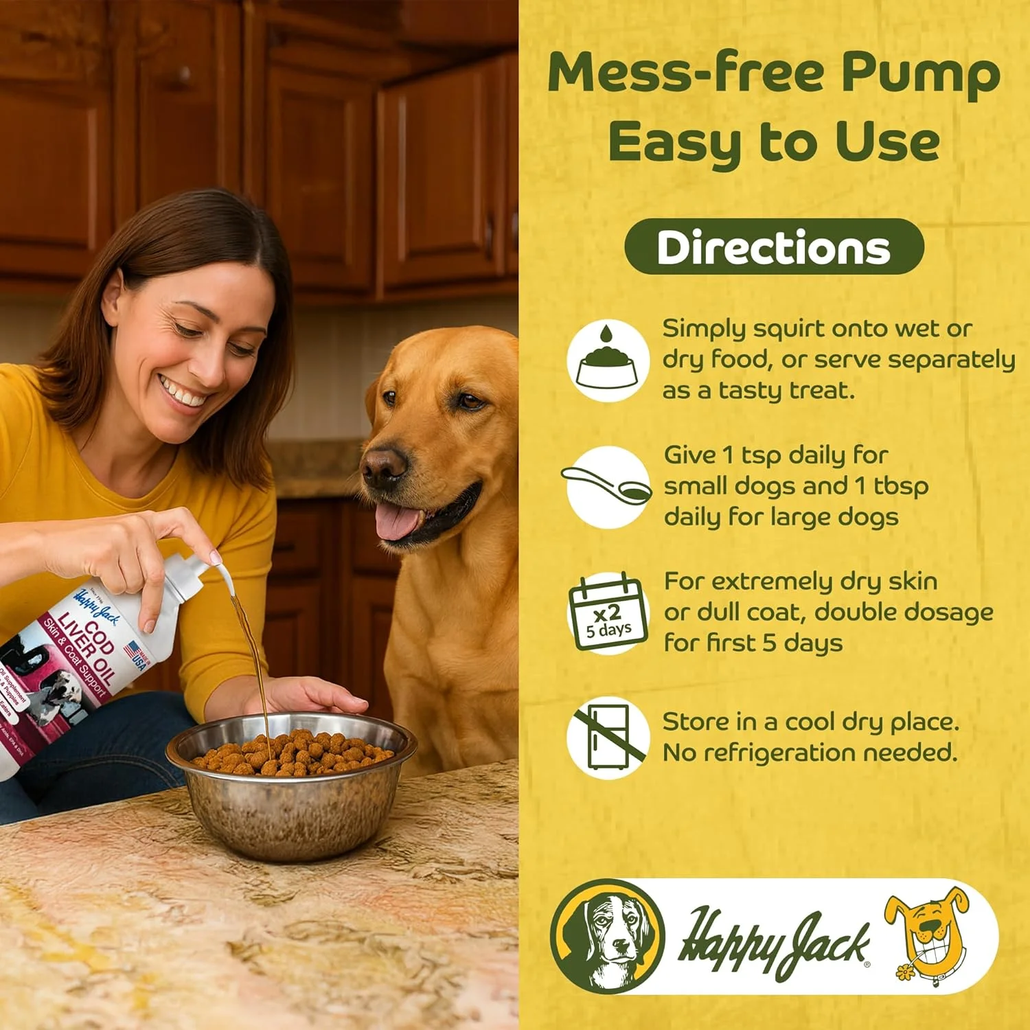 روغن کبد ماهی کاد هپی جک برای سگ ها، مکمل پوست و مو، تقویت مغز، چشم، استخوان، لگن، مفصل، قلب و سیستم ایمنی، افزایش دهنده انرژی (473 میلی لیتر)، امگا 3 با EPA و DHA، ویتامین A و D