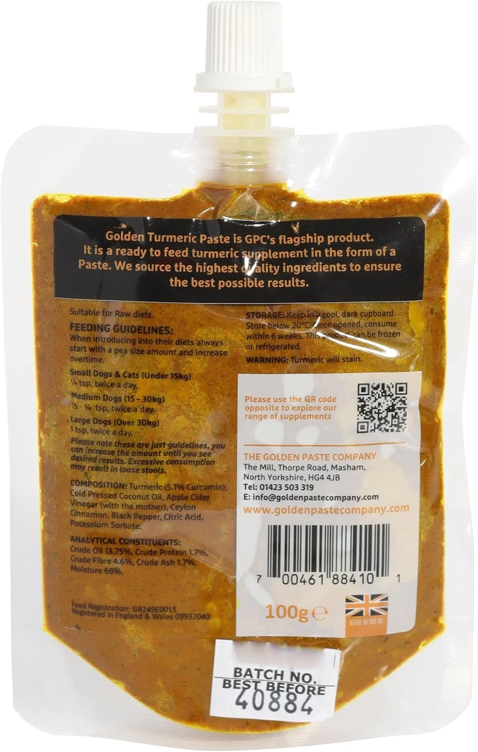 خمیر زردچوبه مخصوص سگ ها از شرکت گلدن پیست با سرکه سیب و دارچین سیلان، طعم مرغ، 0.108 کیلوگرم