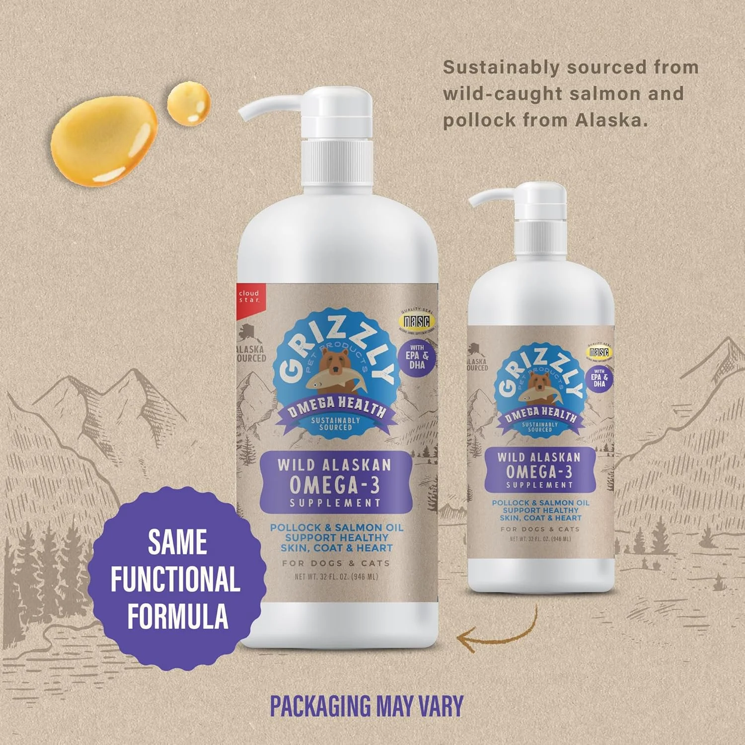 مکمل امگا برای سلامتی سگ و گربه گریزلی، روغن ماهی سالمون وحشی/مخلوط روغن ماهی پولاک امگا 3