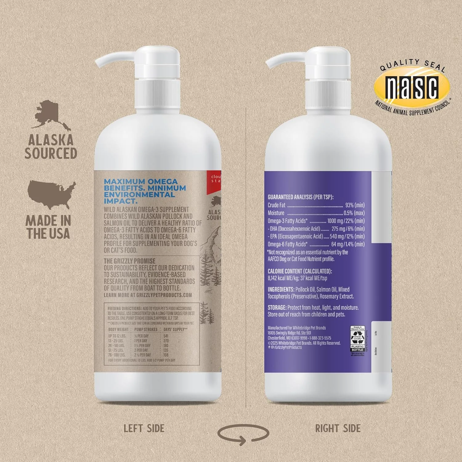 مکمل امگا برای سلامتی سگ و گربه گریزلی، روغن ماهی سالمون وحشی/مخلوط روغن ماهی پولاک امگا 3