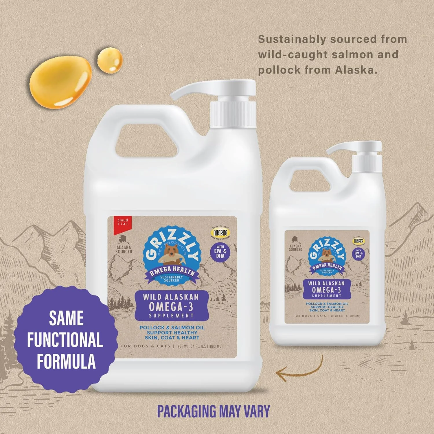 محصولات حیوانات خانگی گریزلی، امگا هلث برای سگ و گربه، روغن امگا 3 مخلوط ماهی سالمون/پولاک وحشی 64 اونس