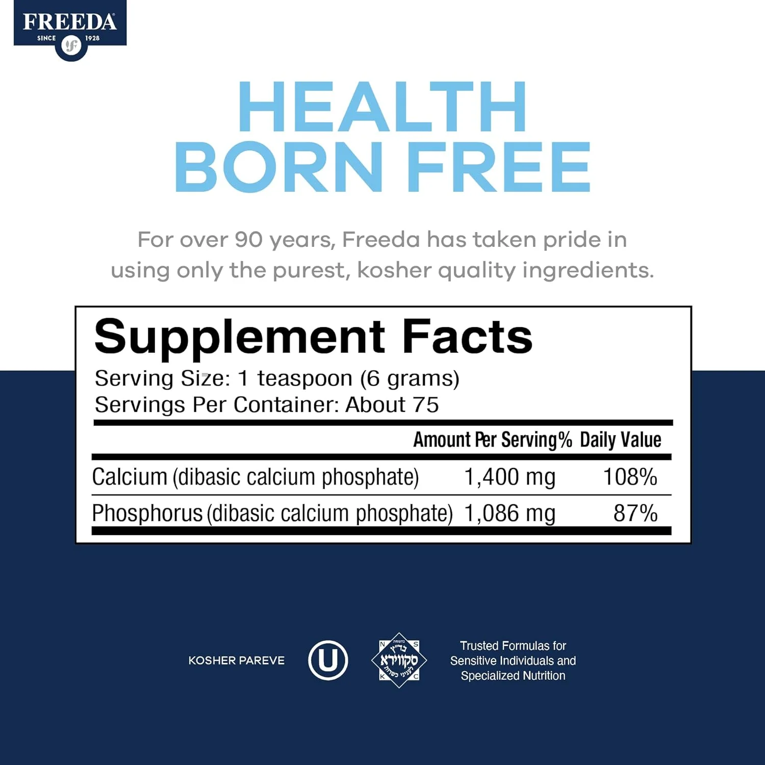 پودر فسفات کلسیم فریدا - مکمل کلسیم کوشر برای مردان و زنان، سلامت استخوان حیوانات و حمایت از مفاصل برای سگ ها و گربه ها - مکمل کلسیم و فسفر - کلسیم بدون ویتامین D، 453 گرم